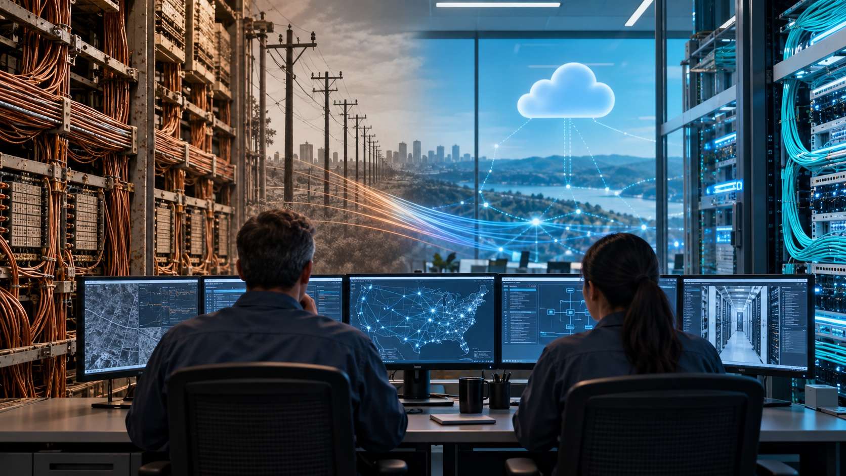 Telecom engineers overseeing an automated network as copper infrastructure gives way to fiber and cloud systems