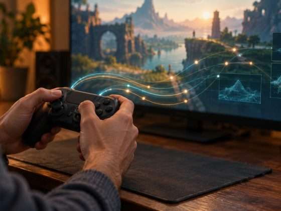 Video Game Inputs Become a Proposed Training Ground for World Models 1 Hands on a game controller as abstract movement data flows across a virtual landscape