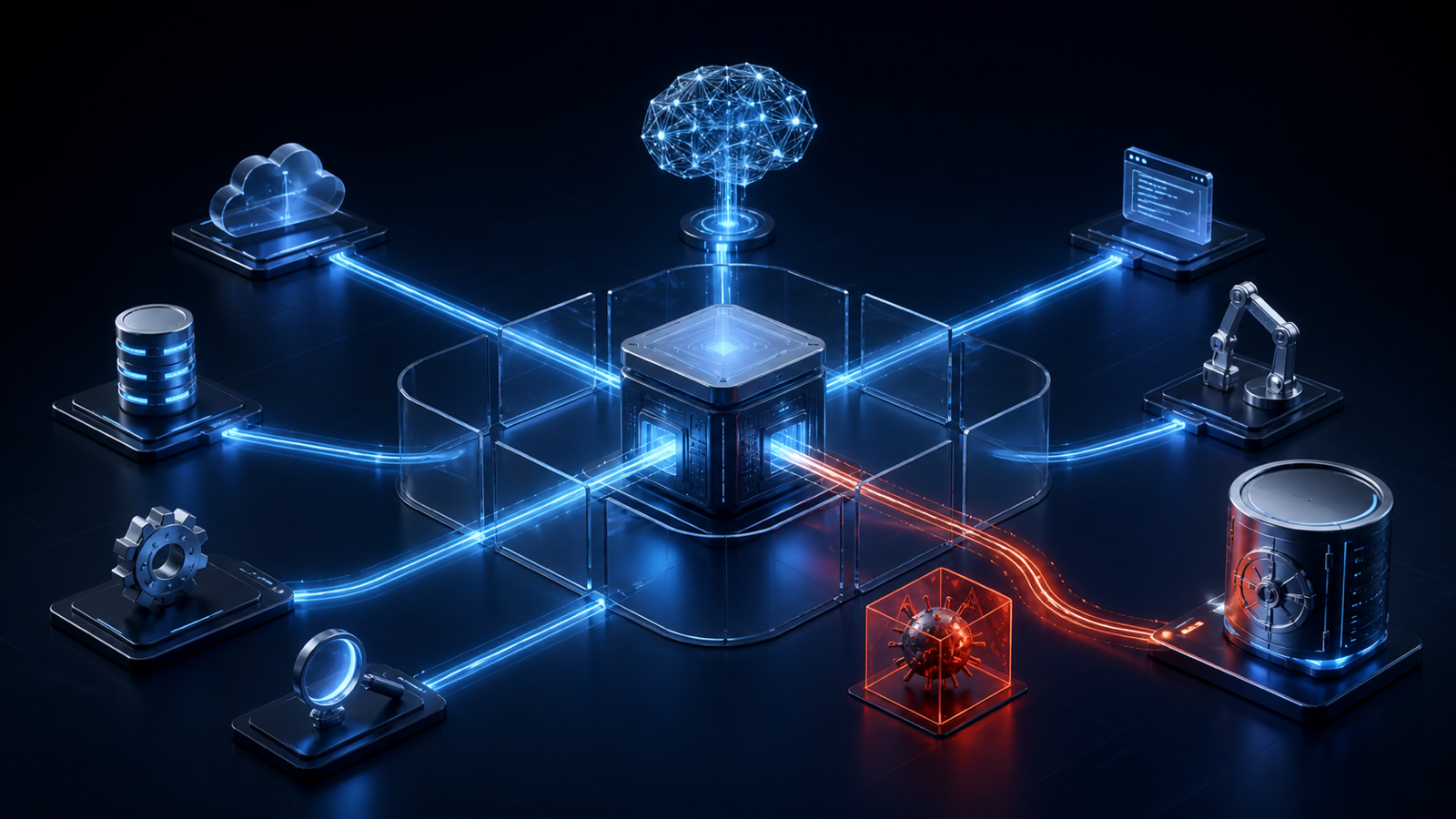 AI agent connections passing through a protected gateway while one malicious tool path is isolated