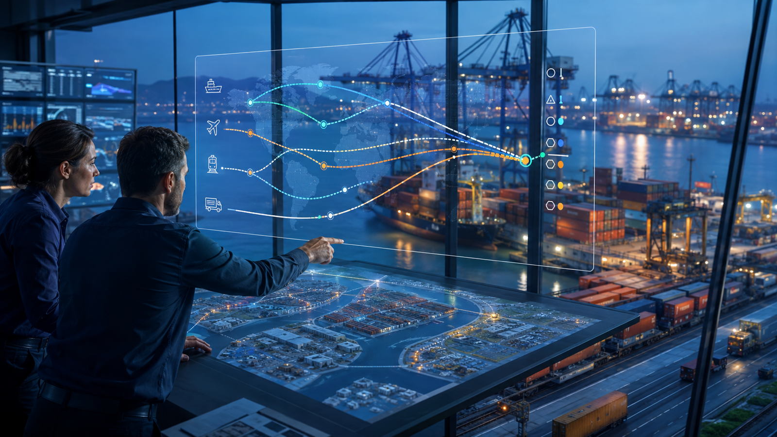 Two logistics planners compare international freight routes and carrier options above a busy container port