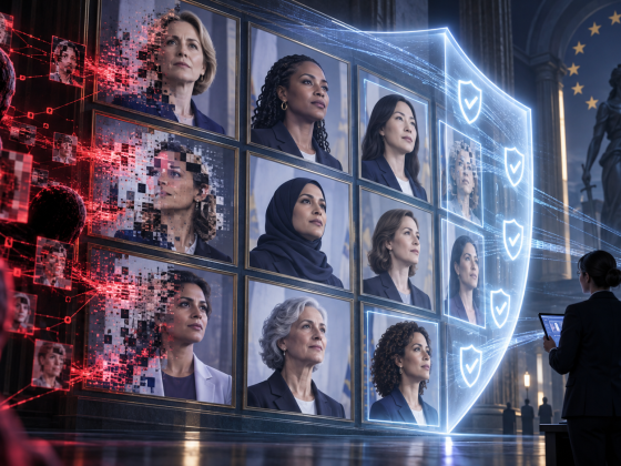 Deepfake Abuse Targets 138 Women Lawmakers Across the EU 1 Female political portraits protected from a red synthetic-media abuse network by verification shields