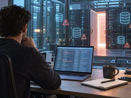 Supabase Exposure Study Raises Security Questions for AI-Built Apps 1 Developer viewing a blurred screen beside an open data center doorway and abstract warning symbols