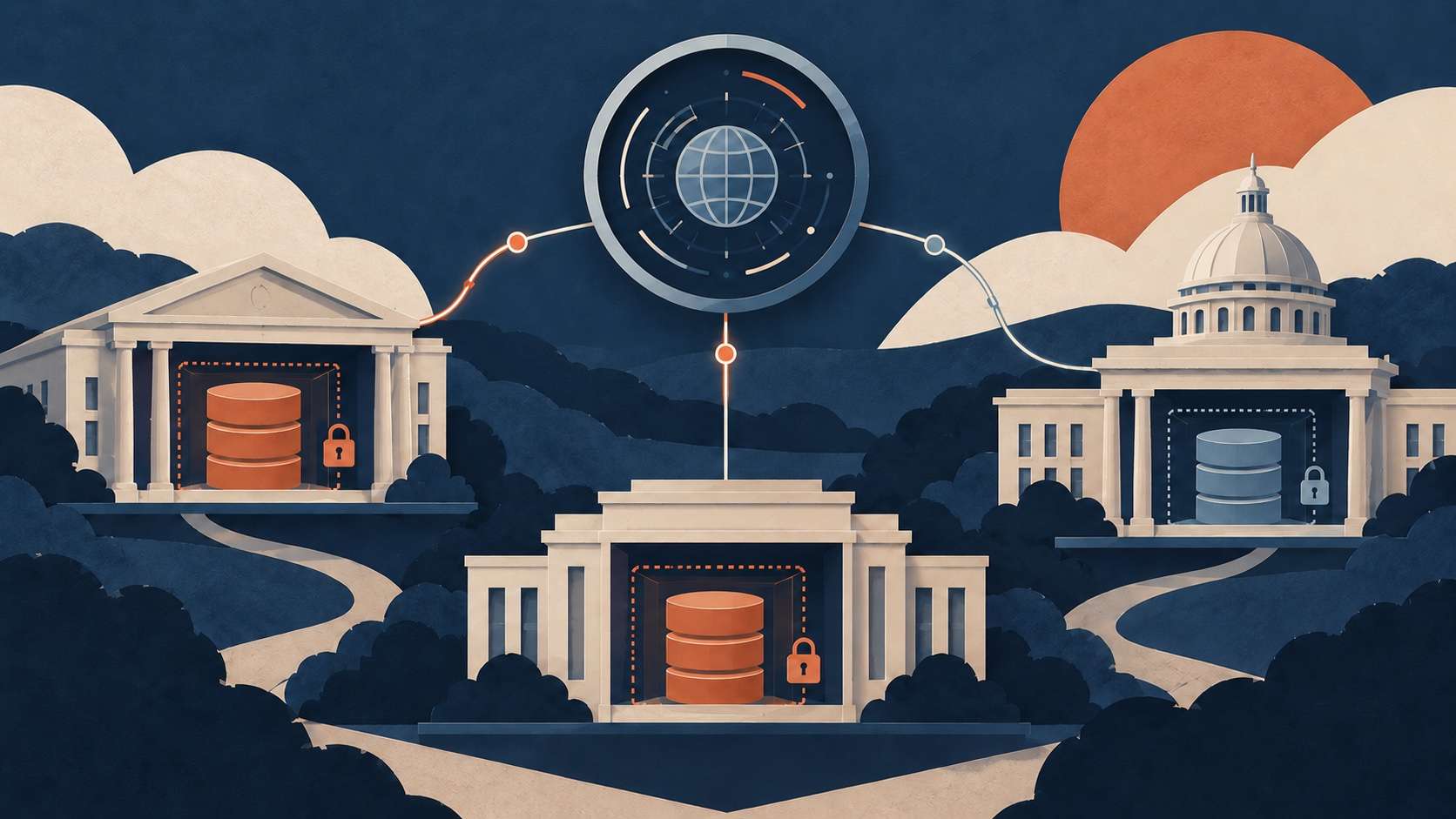 Separate civic data compartments connected through controlled paths to shared security monitoring