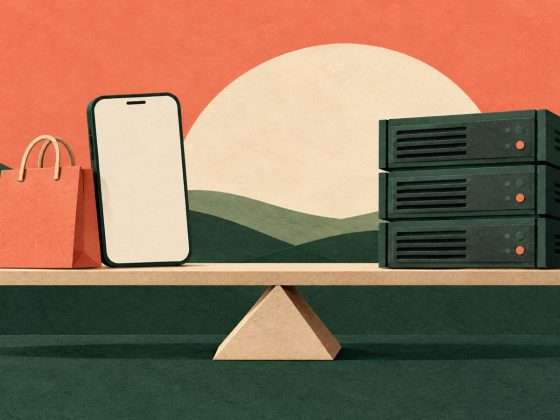 Meta's Muse Pitch Leaves Its Unit Economics Unproven 17 AI-generated conceptual paper-cut illustration balancing agent-assisted shopping against computing resources, with no real app interface