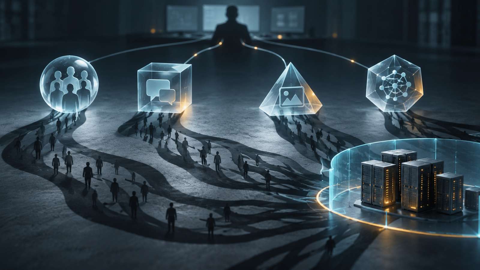 AI-generated symbolic operator, four abstract agent nodes and a protected server cluster, not a depiction of an actual intrusion