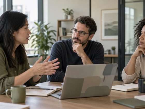Anthropic's Hiring Shift Tests How AI Workplace Change Is Measured 1 AI-generated conceptual photograph of fictional colleagues discussing work in an ordinary meeting room, not actual Anthropic employees or offices