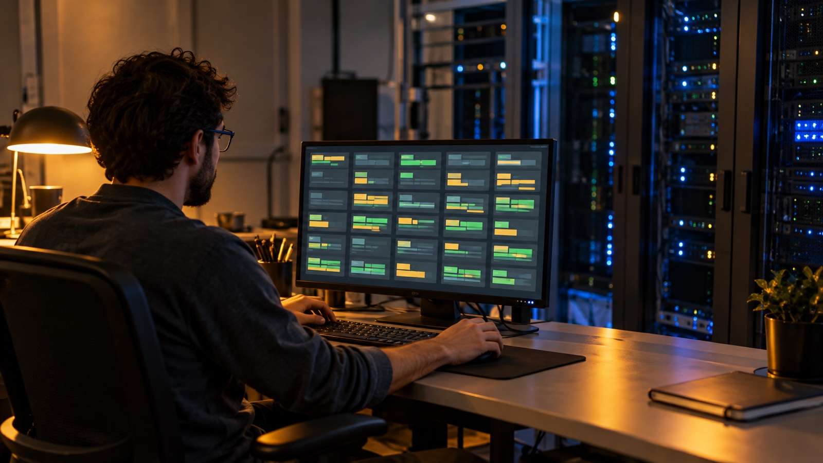 AI-generated fictional reliability engineer reviewing abstract test batches in a compute operations room, not a real Blacksmith facility