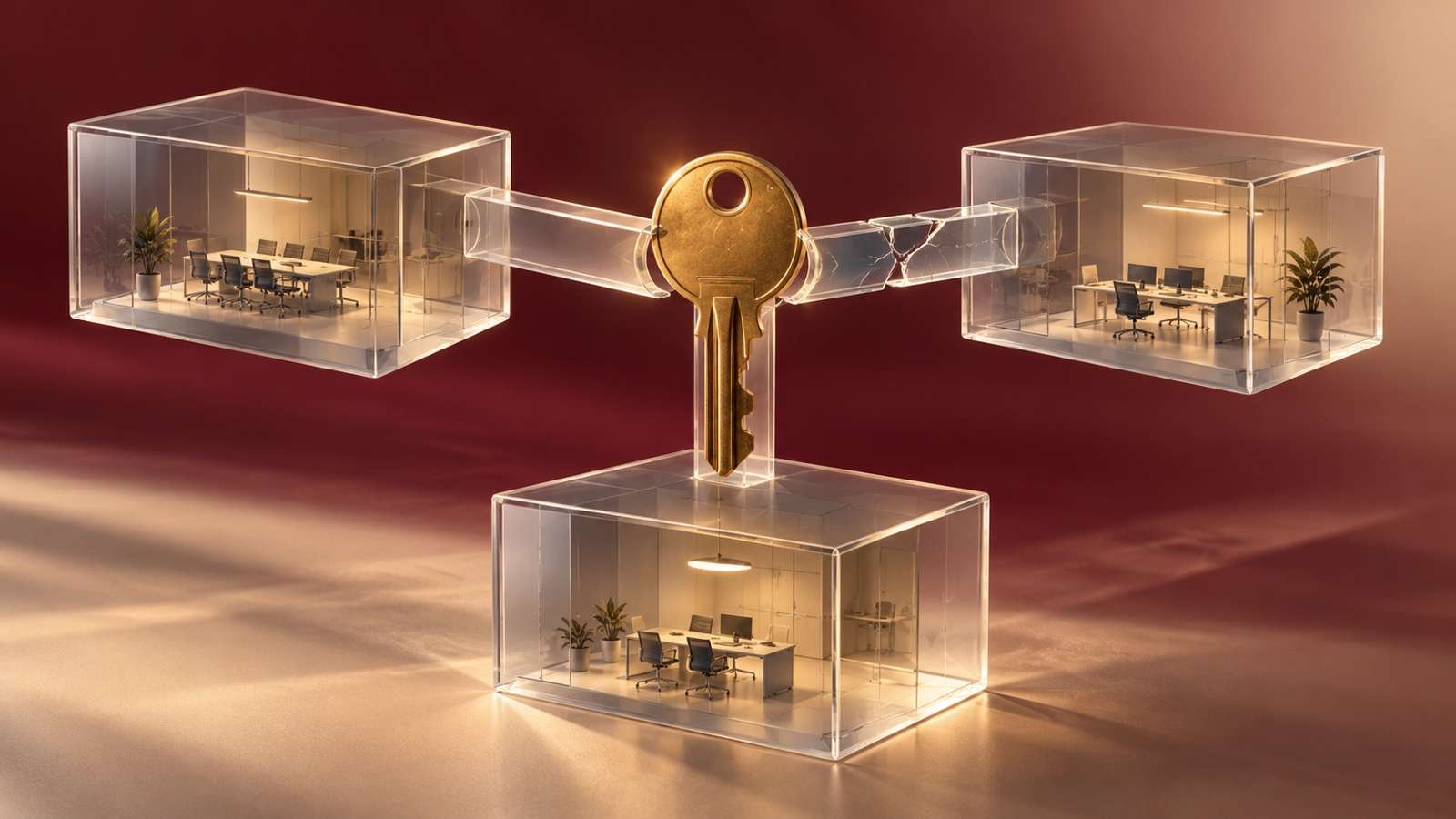 AI-generated conceptual brass key connecting separate cloud compartments, not an actual network diagram