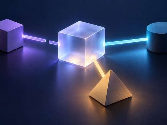 Replit's Model Architecture Does Not Settle Its Supplier Dispute 1 AI-generated conceptual glass computing blocks and branching connections, illustrating model routing rather than any specific supplier's removal