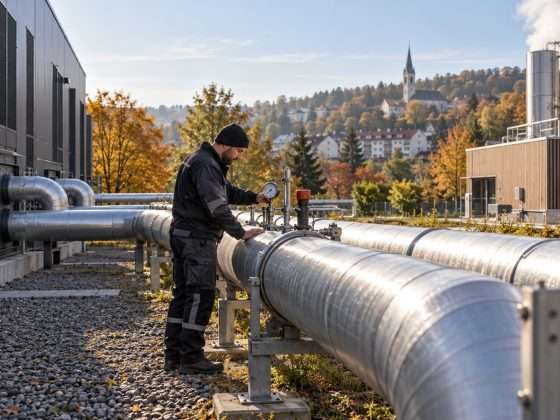 Germany's Data Center Heat Debate Requires More Than an Efficiency Score 24 AI-generated fictional engineer inspecting insulated heat-reuse pipes near a European data center, not an actual facility