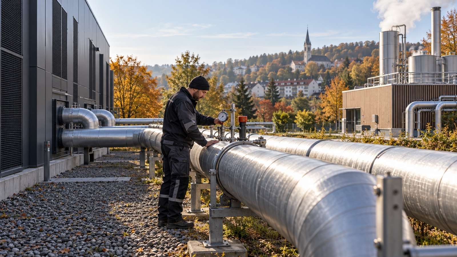 AI-generated fictional engineer inspecting insulated heat-reuse pipes near a European data center, not an actual facility