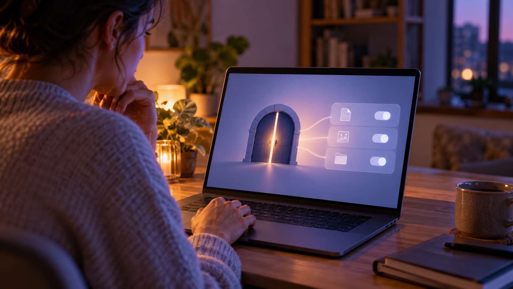 Illustrative desktop user considering sensitive access permissions on an unbranded laptop
