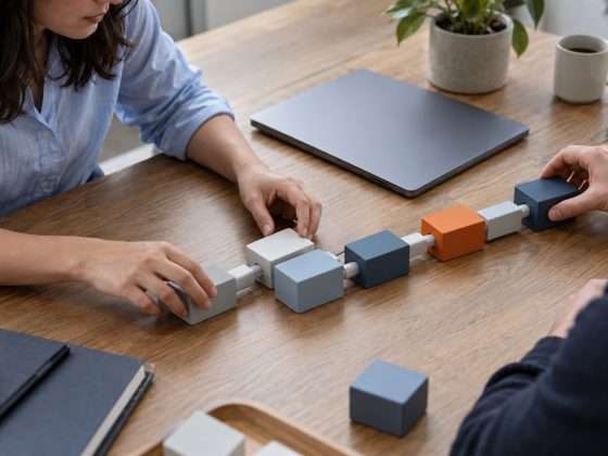 NTT DATA's AI Scaling Argument Puts Workflows Before Pilot Counts 1 AI-generated conceptual editorial photograph of colleagues connecting plain modular blocks into a continuous workflow beside a laptop