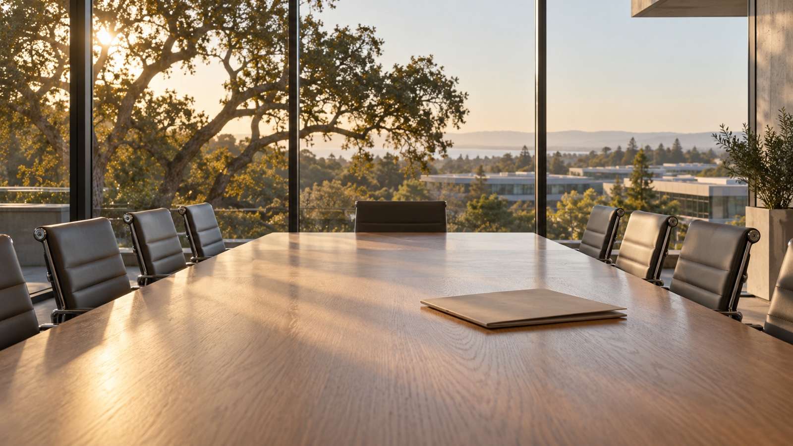 AI-generated fictional California technology-company boardroom and campus, not Meta's actual premises