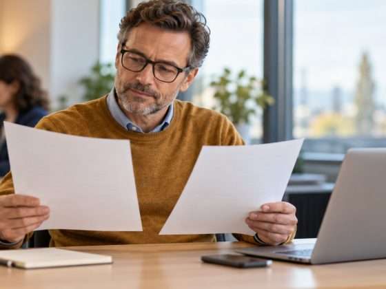 A New Manager Survey Separates AI Confidence From Readiness 28 AI-generated fictional manager comparing blank pages in an office, illustrating work review rather than actual survey participants