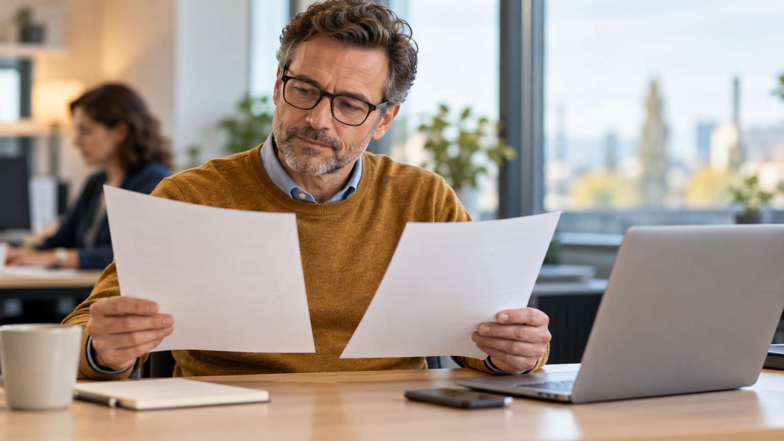 AI-generated fictional manager comparing blank pages in an office, illustrating work review rather than actual survey participants