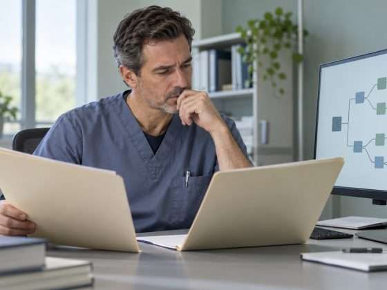 Microsoft's New Diagnostic Results Face a Real-World Test 4 AI-generated fictional clinician reviewing abstract diagnostic research materials, not a real patient or clinical trial