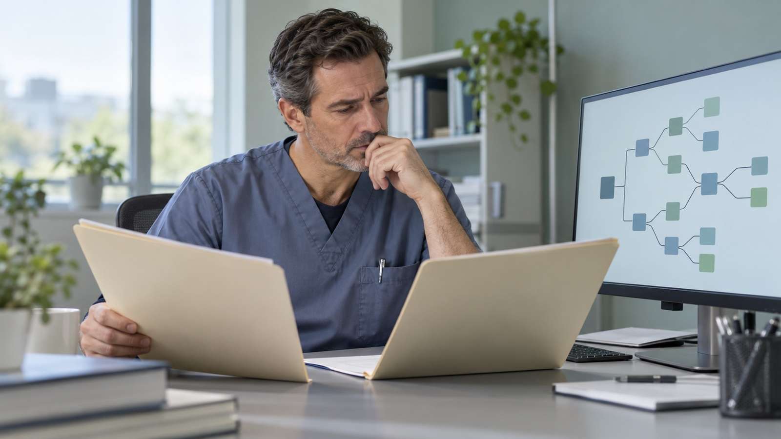 AI-generated fictional clinician reviewing abstract diagnostic research materials, not a real patient or clinical trial