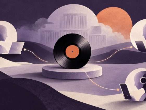 Spotify Bets on AI Agents as a Distribution Channel 7 AI-generated conceptual collage of a record connected to blank devices, illustrating distribution through AI agents