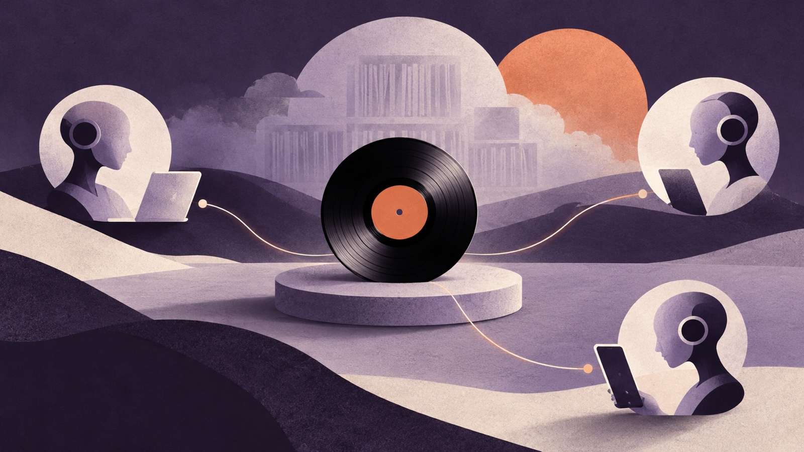 AI-generated conceptual collage of a record connected to blank devices, illustrating distribution through AI agents