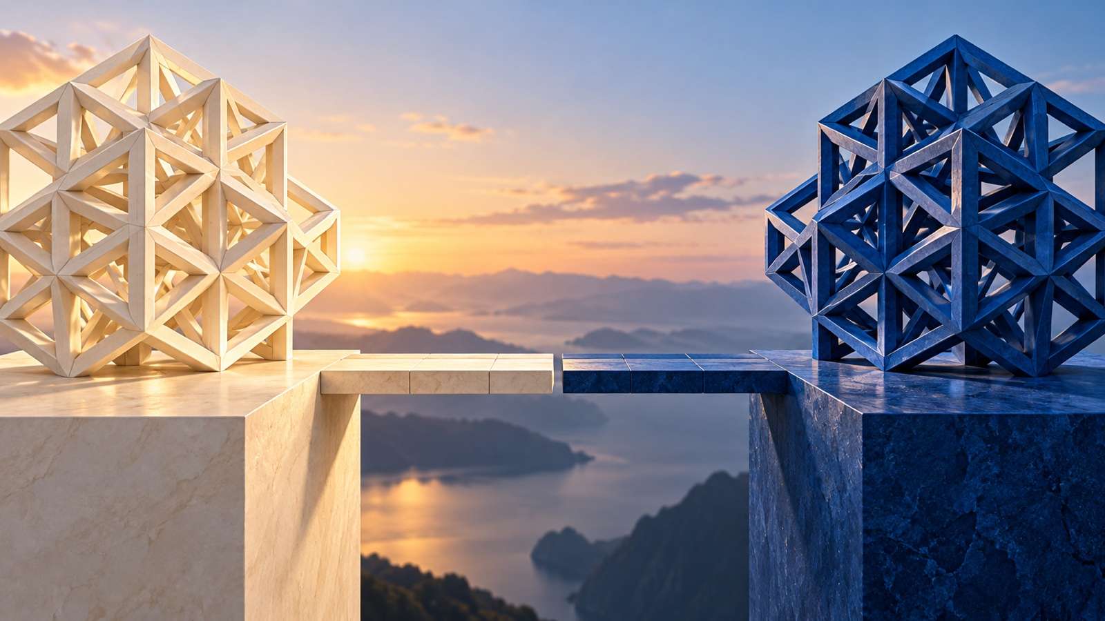 AI-generated editorial illustration of two geometric proof structures connected by an imperfect bridge, not an actual mathematical proof