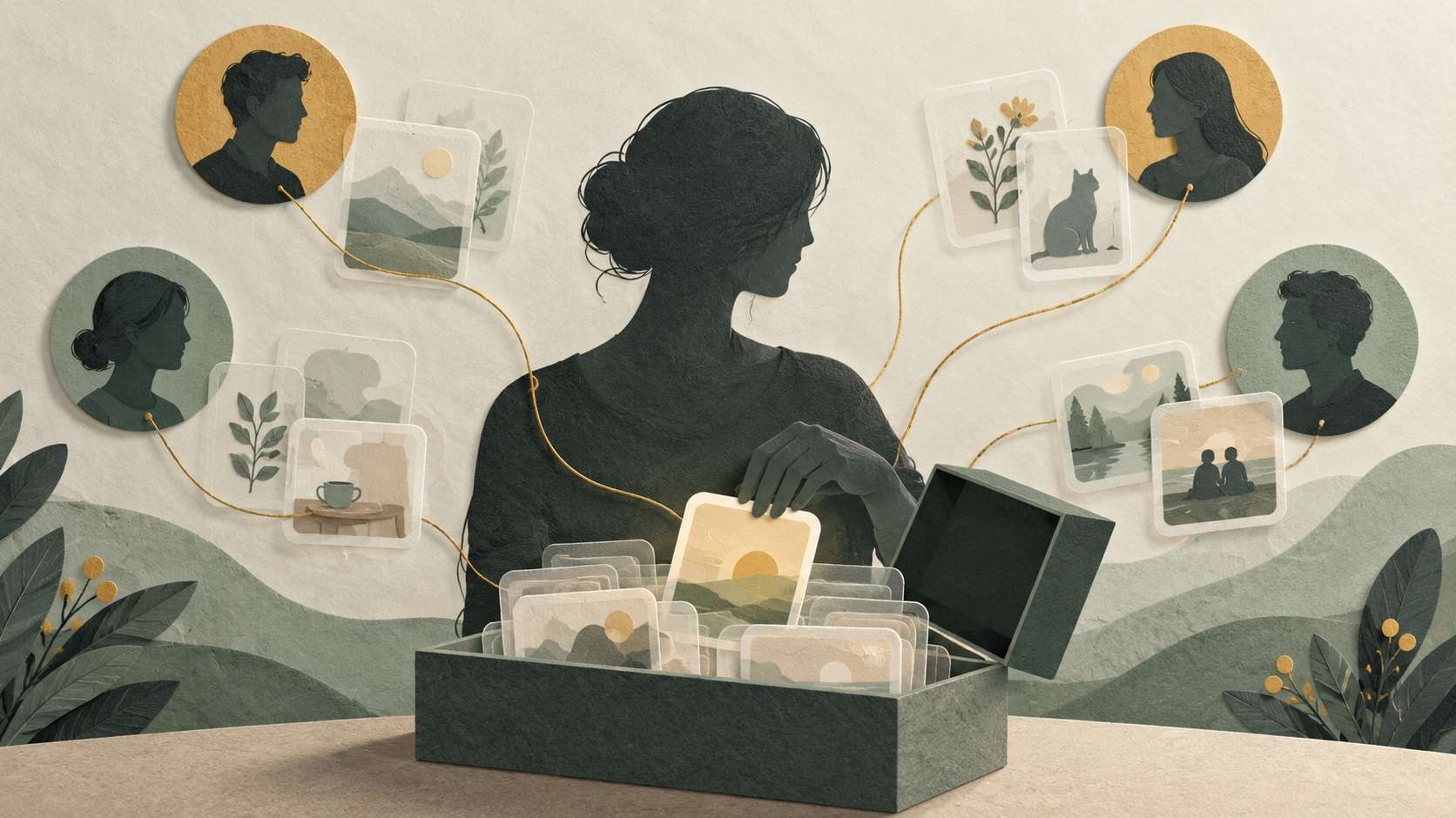 Editorial paper-cut illustration of personal relationships connected to unlabelled digital memory cards