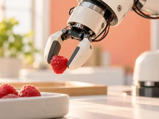 Eka Raises $150 Million to Take Force-Aware Robotics Into Production 1 Fictional AI-generated robot gripper gently holding a raspberry, illustrating force-aware manipulation rather than an actual Eka device