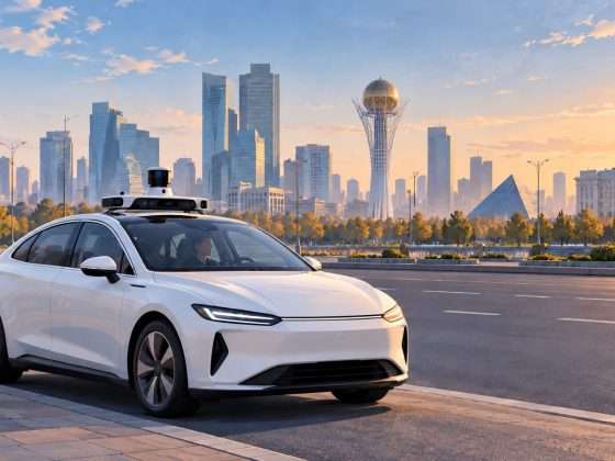 inDrive's Kazakhstan Robotaxi Plan Begins With a Feasibility Test 2 AI-generated conceptual illustration of an unbranded autonomous test sedan with a safety operator, not an actual Pony.ai vehicle or operating service