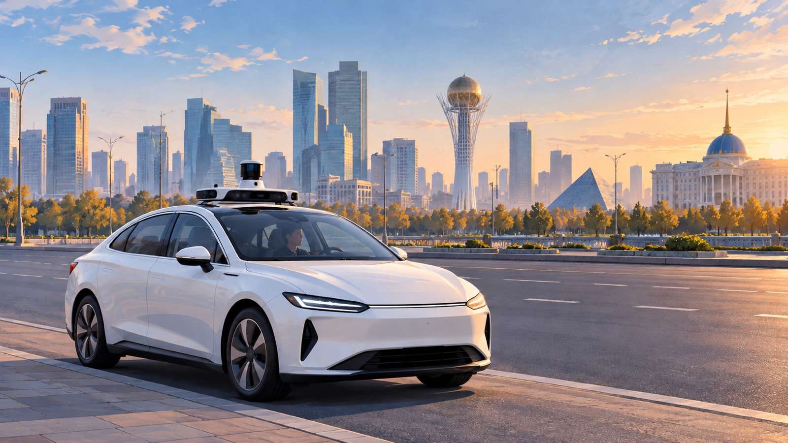 AI-generated conceptual illustration of an unbranded autonomous test sedan with a safety operator, not an actual Pony.ai vehicle or operating service