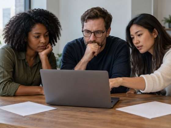 Uber Expands ChatGPT Work, With Outcomes Still to Be Measured 6 AI-generated fictional office team reviewing abstract computer output, not actual Uber employees or premises
