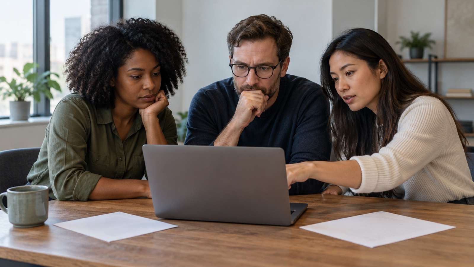 AI-generated fictional office team reviewing abstract computer output, not actual Uber employees or premises